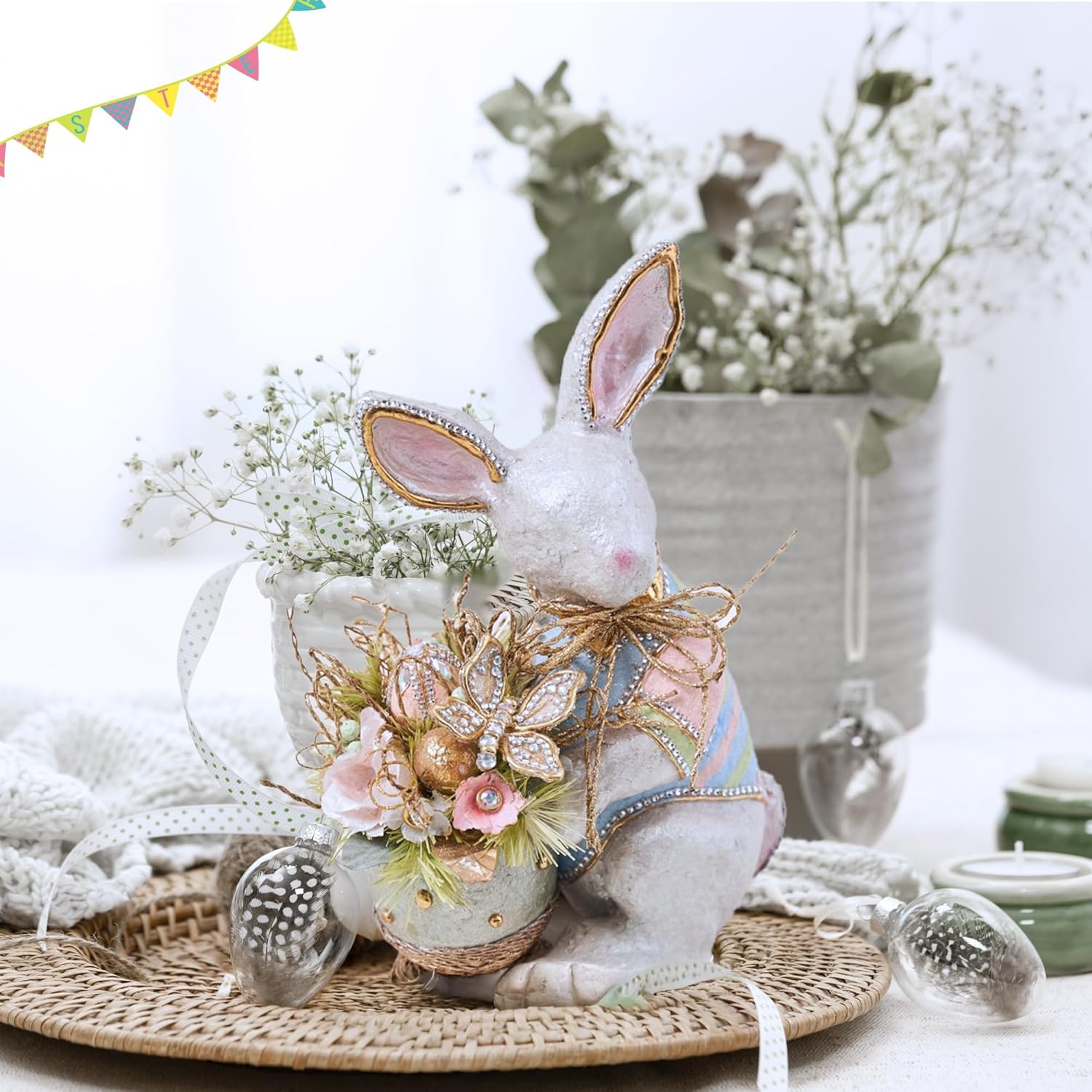 Decoração de coelhinho da Páscoa – Estatueta artesanal para mesa, sem iluminação, 43 cm.